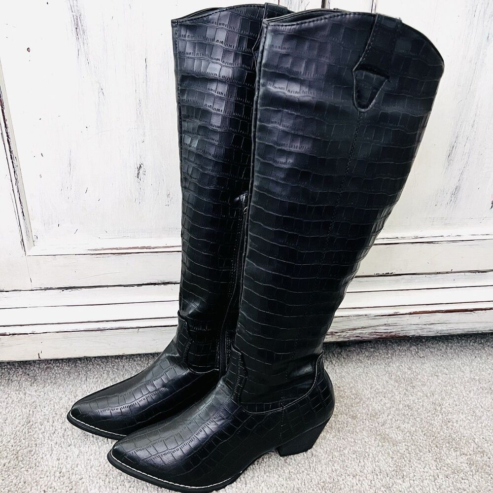 AMS Black Reptile Skin Vegan Leather Tall Knee High Riding Boots - Size 8